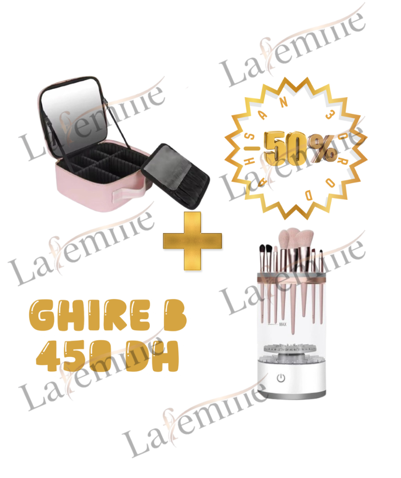 Pack Maquillage Mobile Pro - Trousse Organisateur Miroir + Lave-Pinceaux Électrique (50% de Réduction)