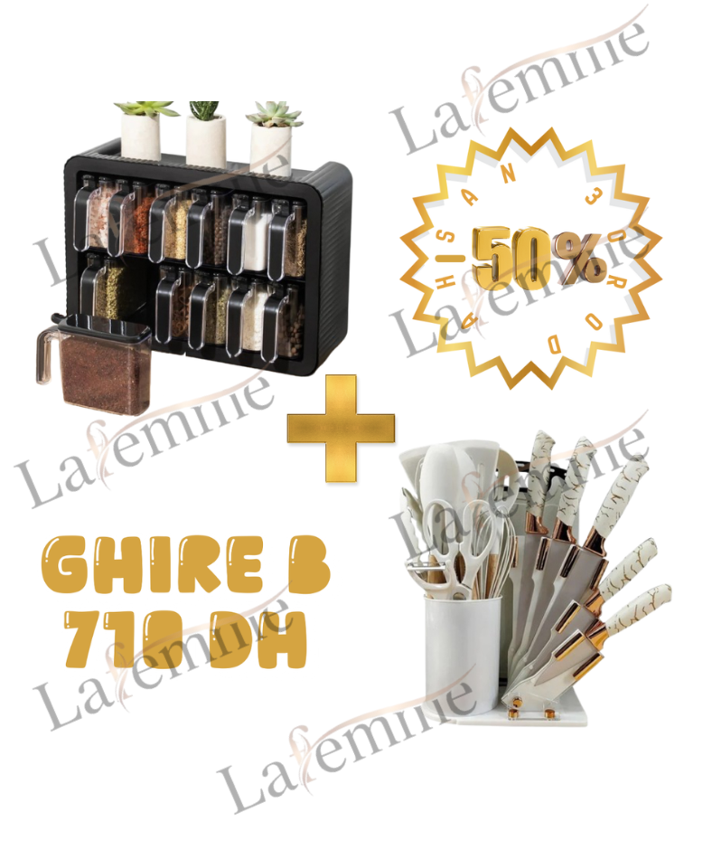 Pack Cuisine Pro Dual - Rangement Épices 16 Pots + Set de Couteaux Chef & Ustensiles (50% de Réduction)