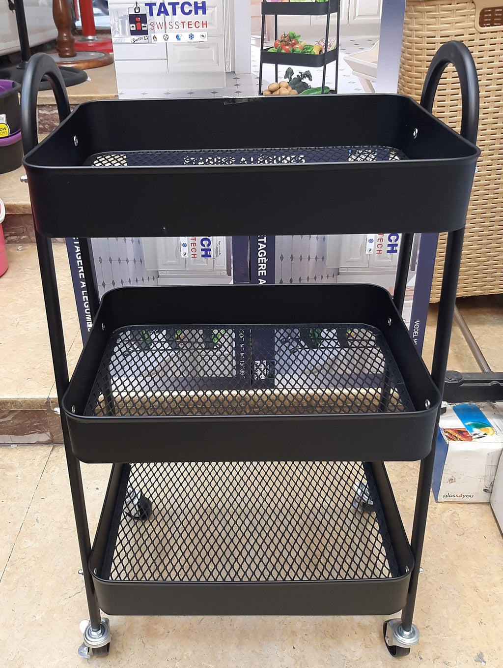 Desserte de Rangement à Roulettes 3 Niveaux - Chariot Organisateur Multiusage en Métal Noir