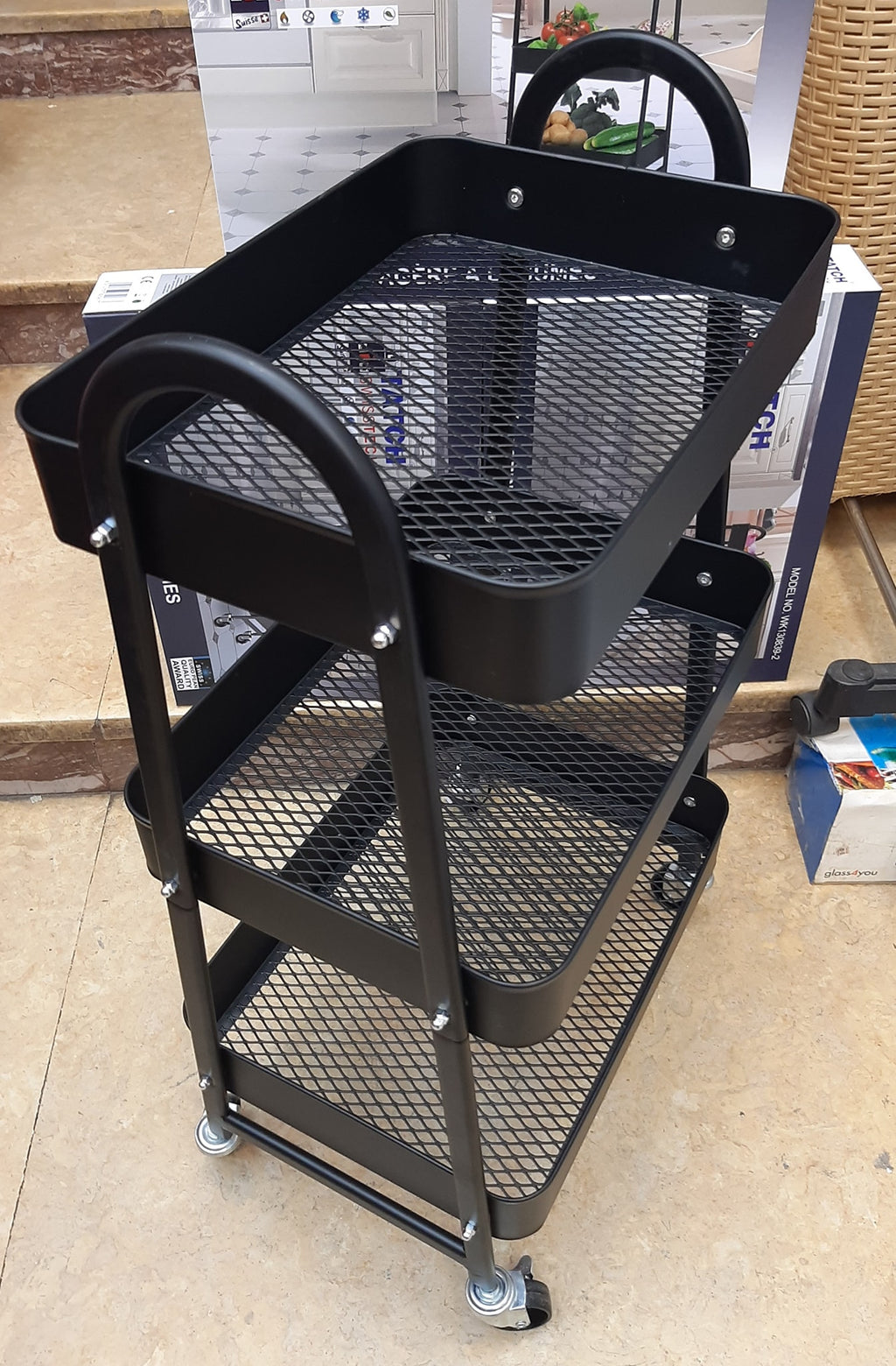 Desserte de Rangement à Roulettes 3 Niveaux - Chariot Organisateur Multiusage en Métal Noir