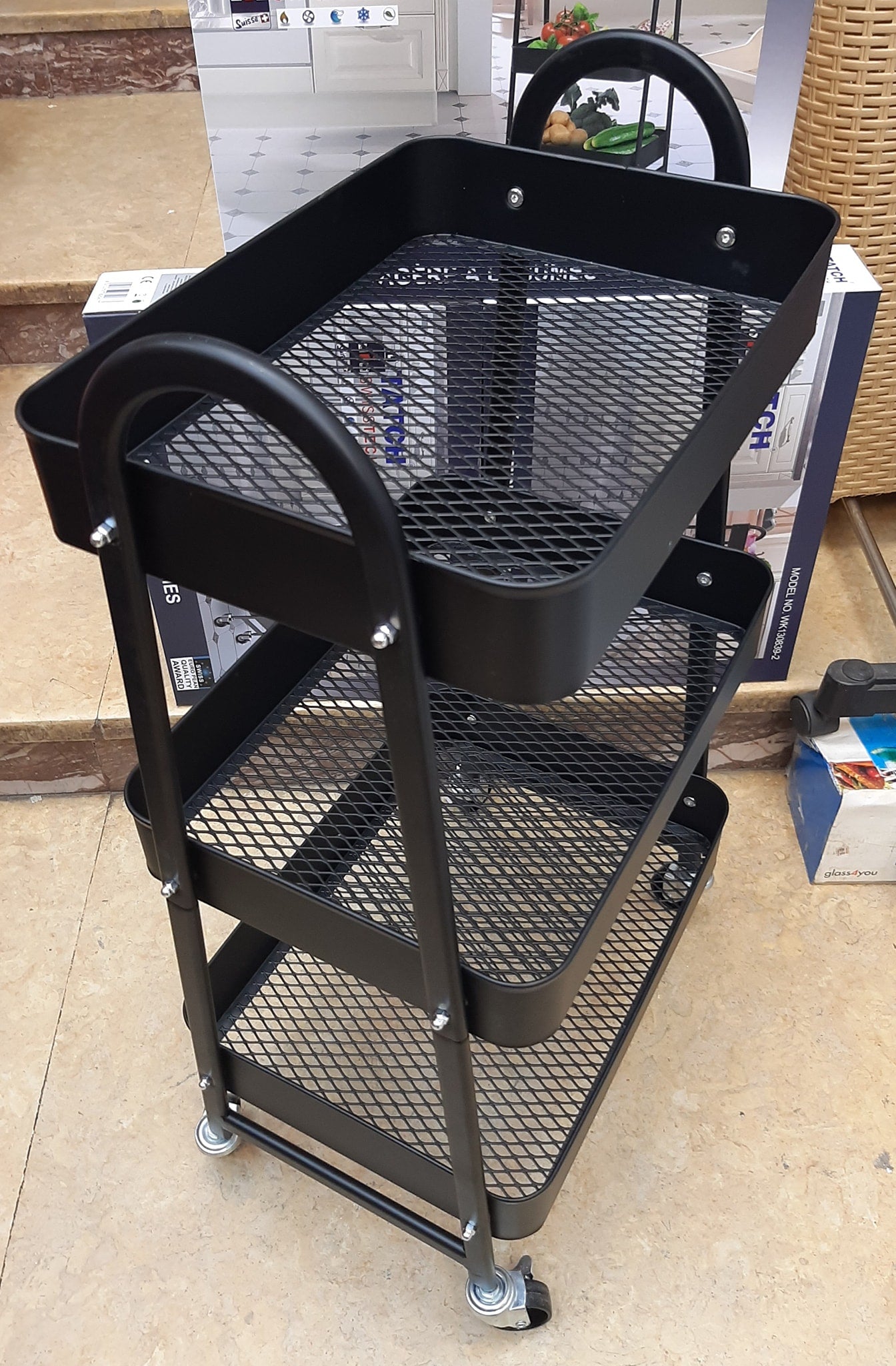 Desserte de Rangement à Roulettes 3 Niveaux - Chariot Organisateur Multiusage en Métal Noir