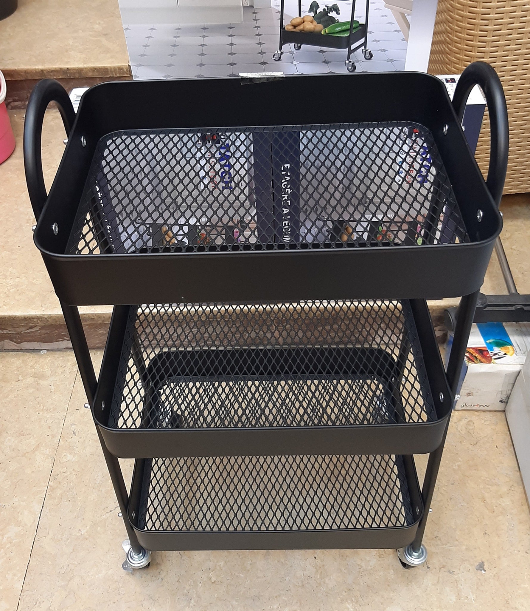 Desserte de Rangement à Roulettes 3 Niveaux - Chariot Organisateur Multiusage en Métal Noir