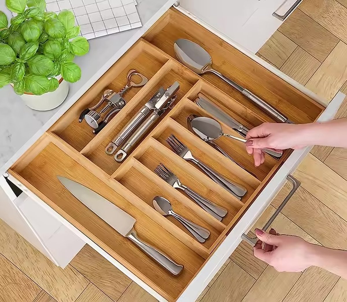 Range-Couverts Extensible en Bambou - Organisateur de Tiroir de Cuisine Ajustable