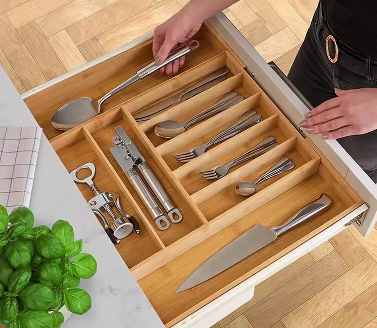 Range-Couverts Extensible en Bambou - Organisateur de Tiroir de Cuisine Ajustable