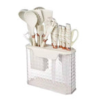 Set Complet Ustensiles & Couteaux de Cuisine Design Marbre Blanc et Cuivre - 12 Pièces | Support Transparent Moderne Inclus | Accessoires de Cuisson & Découpe Luxe