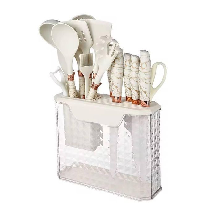 Set Complet Ustensiles & Couteaux de Cuisine Design Marbre Blanc et Cuivre - 12 Pièces | Support Transparent Moderne Inclus | Accessoires de Cuisson & Découpe Luxe