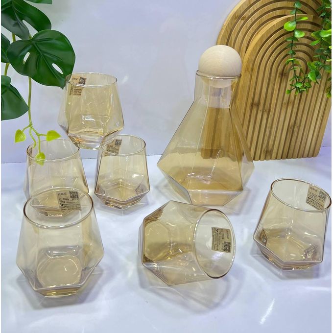 Ensemble Carafe et 6 Verres Géométriques Dorés - Service 7 Pièces Design Moderne