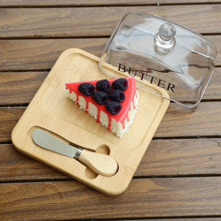 Beurrier Élégant – Verre et Plateau en Bambou