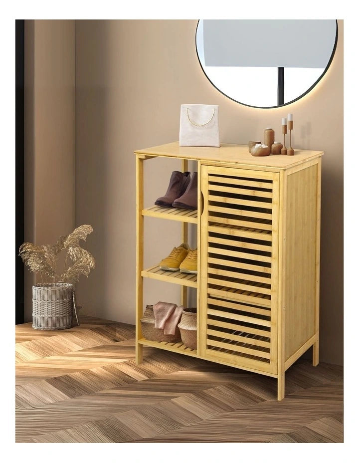 Meuble de Rangement en Bambou – 3 Étagères + Porte Persienne