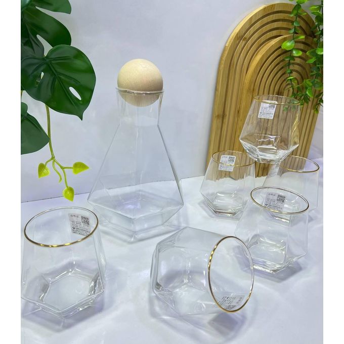 Ensemble Carafe et 6 Verres Géométriques Dorés - Service 7 Pièces Design Moderne