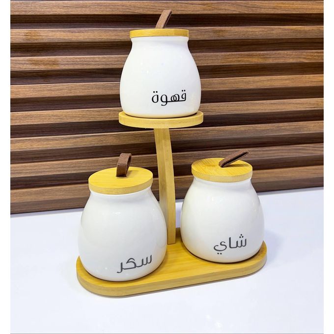 set 3 pots en porcelaine café sucre the avec support bois