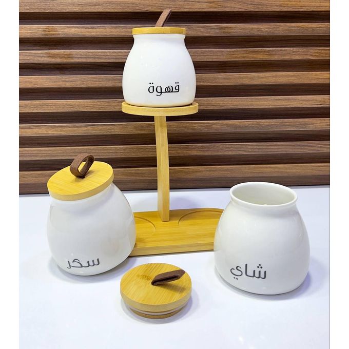 set 3 pots en porcelaine café sucre the avec support bois
