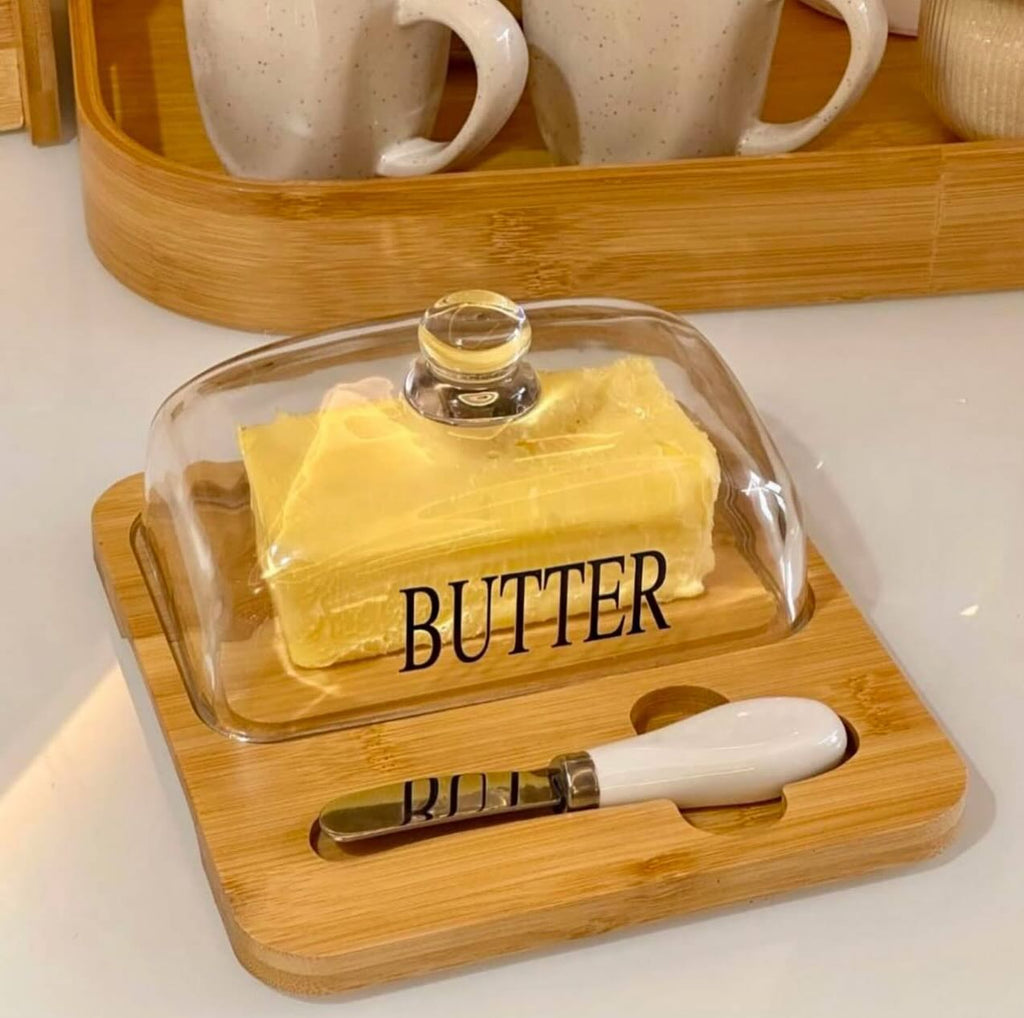 Beurrier Élégant – Verre et Plateau en Bambou