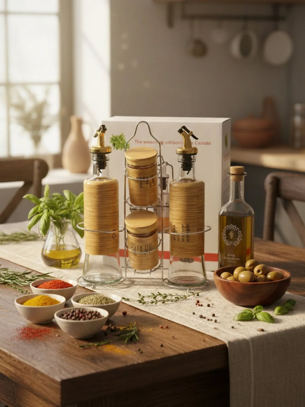 Set de Service Huile, Vinaigre et Épices - Verre avec Support Inox