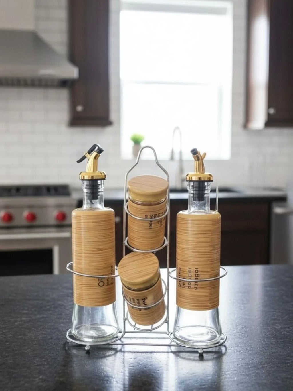 Set de Service Huile, Vinaigre et Épices - Verre avec Support Inox