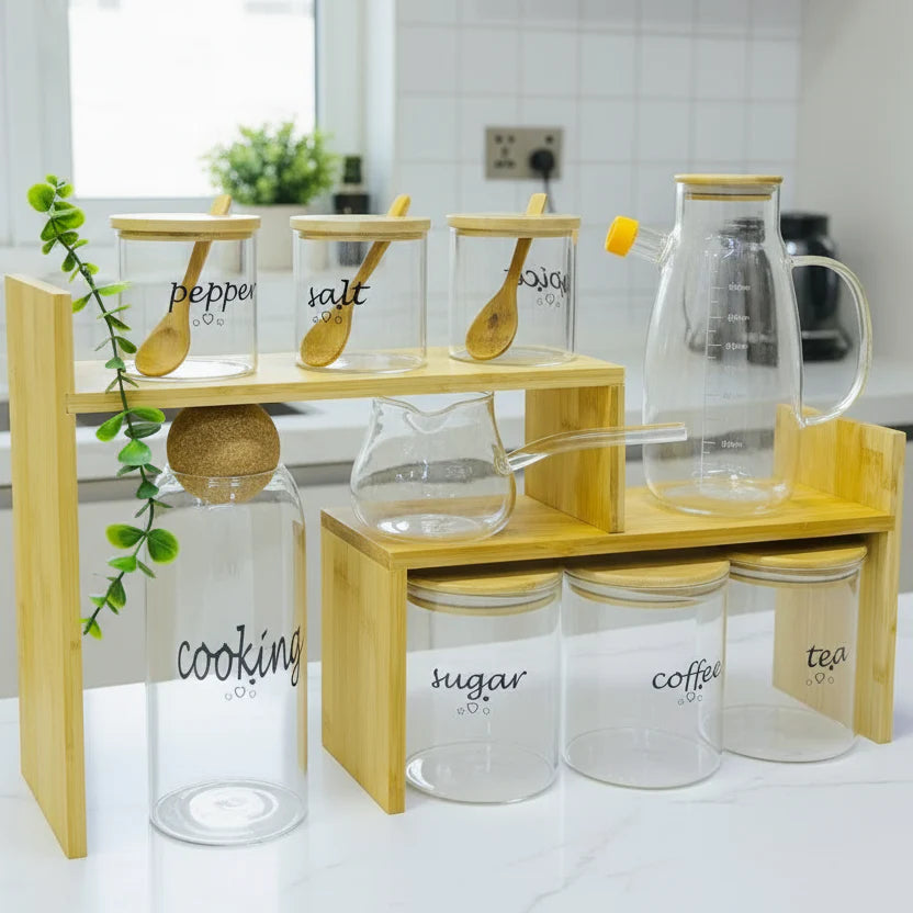 Ensemble de Bocaux en Verre avec Support en Bambou