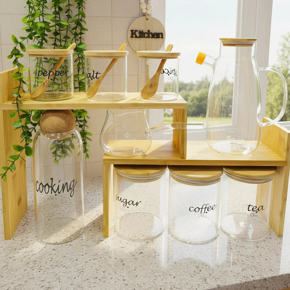 Ensemble de Bocaux en Verre avec Support en Bambou