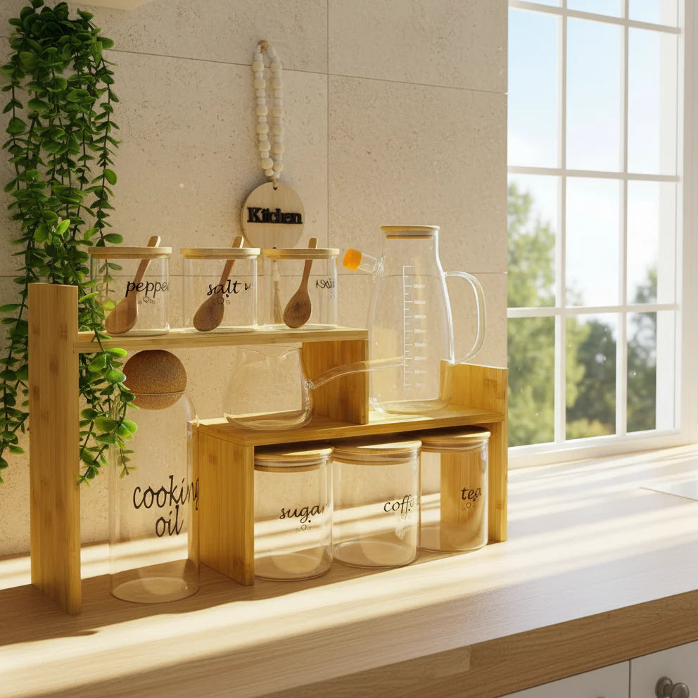 Ensemble de Bocaux en Verre avec Support en Bambou