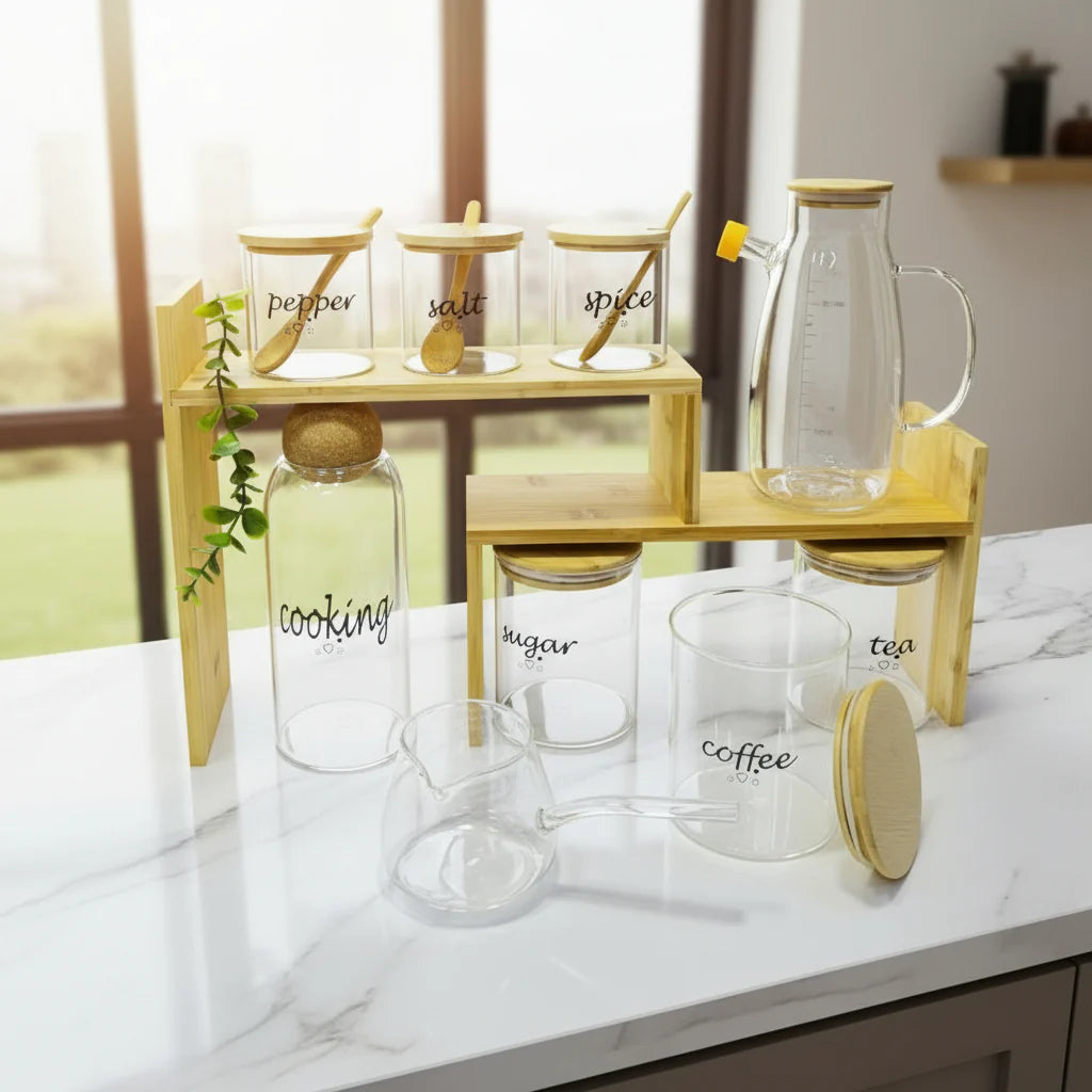 Ensemble de Bocaux en Verre avec Support en Bambou