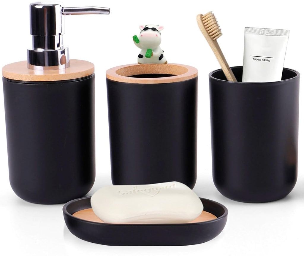 Set d'Accessoires de Salle de Bain (Noir Mat & Bambou)