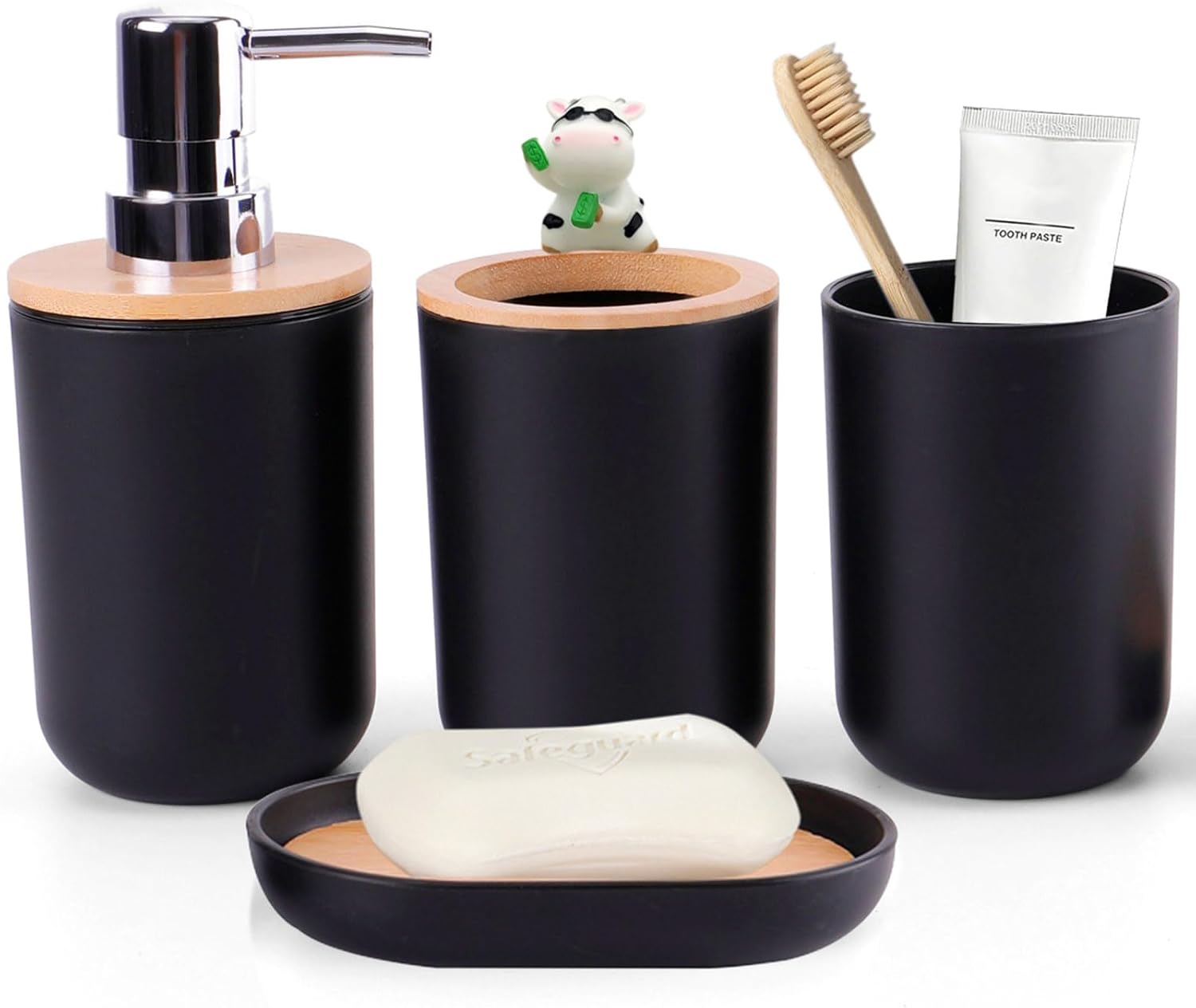 Set d'Accessoires de Salle de Bain (Noir Mat & Bambou)