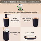 Set d'Accessoires de Salle de Bain (Noir Mat & Bambou)