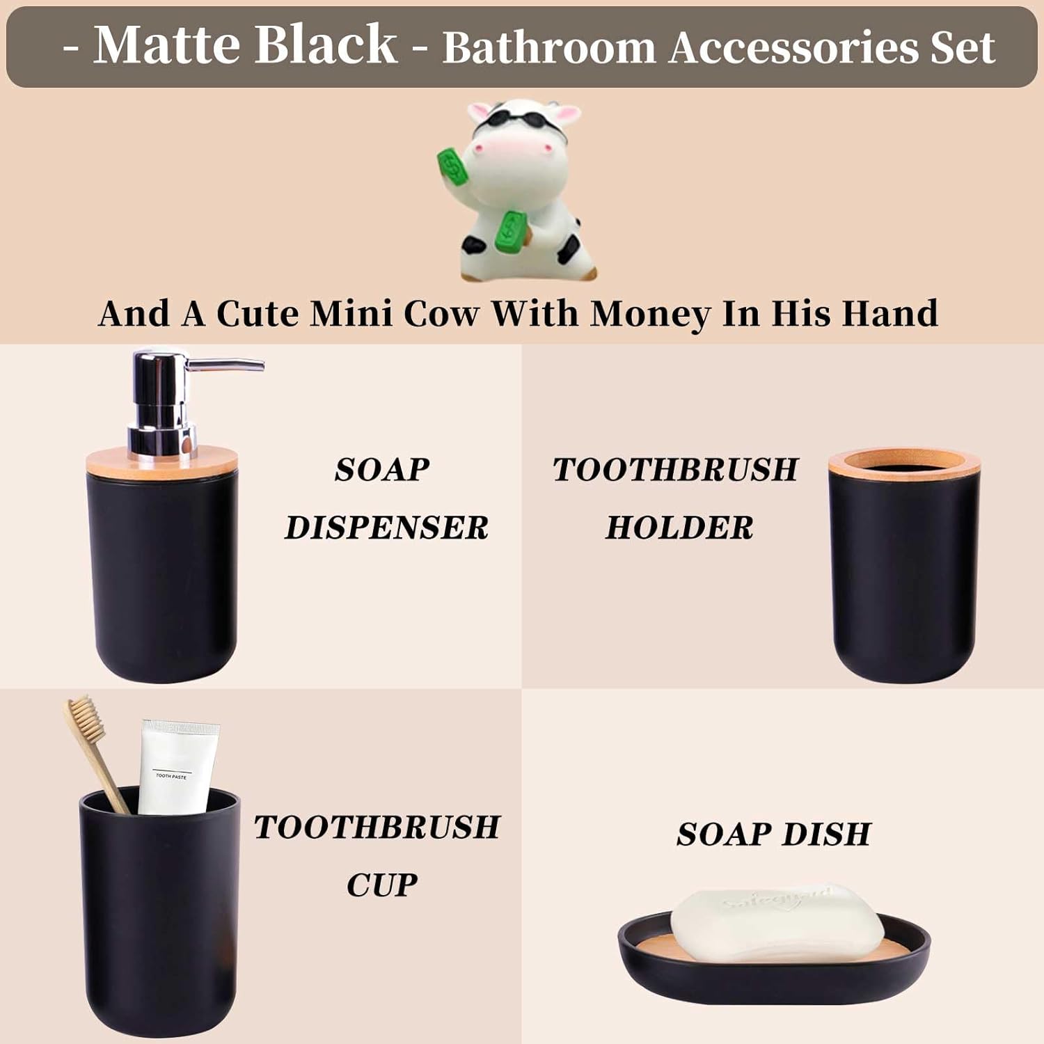 Set d'Accessoires de Salle de Bain (Noir Mat & Bambou)