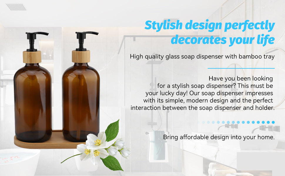 Set 2 Distributeurs de Savon en Verre 500ml (Marron Ambré) avec Plateau Bambou - Flacon Pompe Rechargeable pour Shampooing, Savon Mains & Vaisselle | Cuisine & Salle de Bain