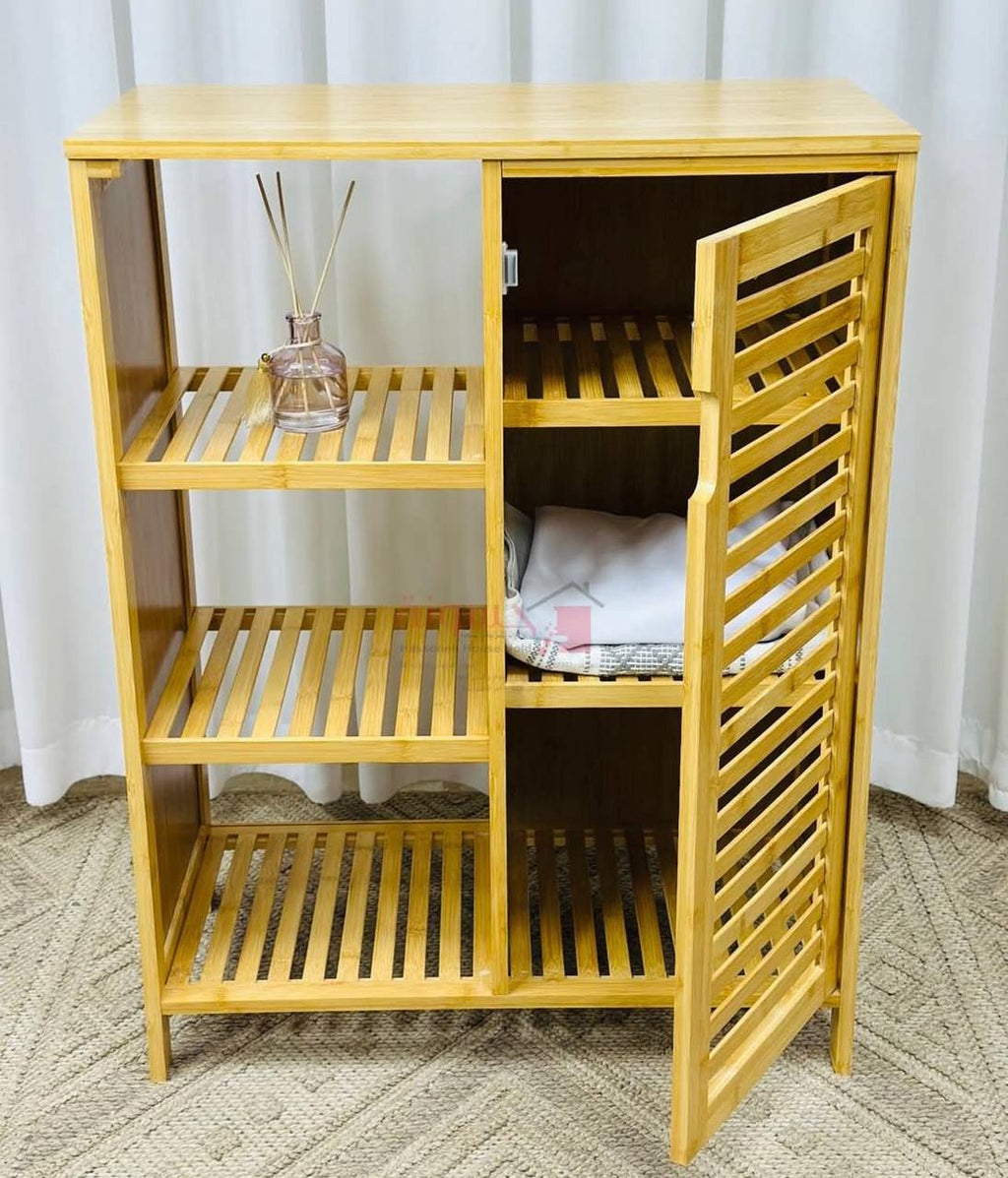 Meuble de Rangement en Bambou – 3 Étagères + Porte Persienne