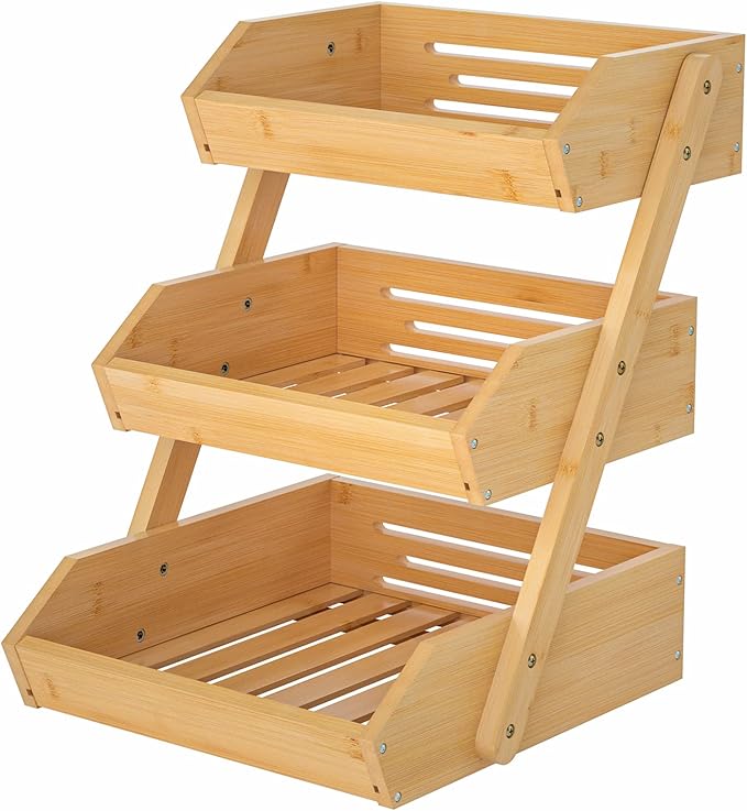 présentoir à fruits à trois niveaux en bois de bambou