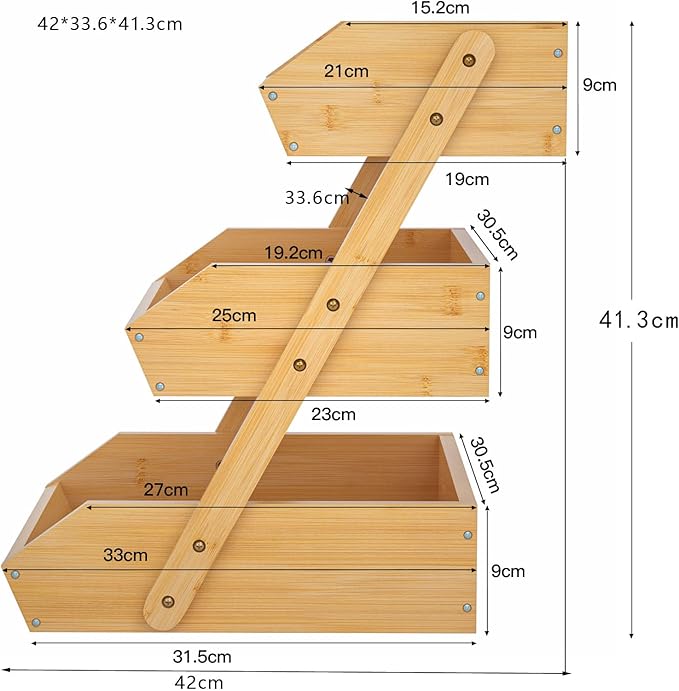 présentoir à fruits à trois niveaux en bois de bambou