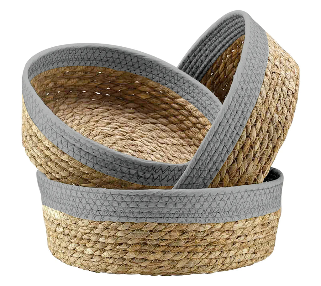 Set de 3 Paniers de Rangement en Fibre Naturelle et Coton Gris - Design Artisanal & Bohème