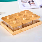 Plateau de Service à Collation en Bambou avec 6 Bols en Céramique et Couvercles