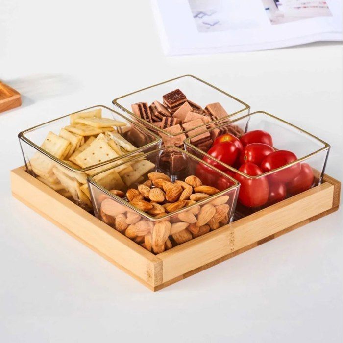 Set 4 Boîtes de Rangement Carrées en Verre avec Couvercles en Bambou Naturel