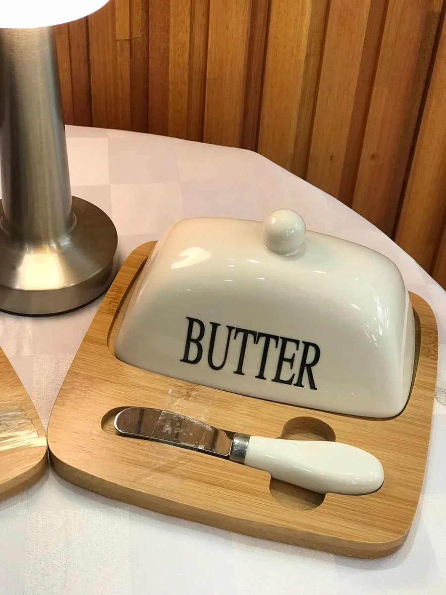 Beurrier Élégant – Verre et Plateau en Bambou