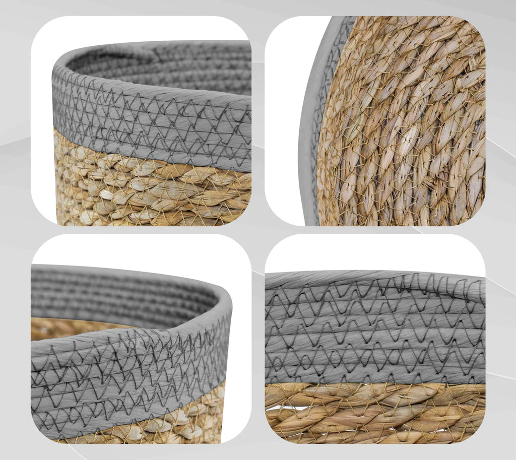 Set de 3 Paniers de Rangement en Fibre Naturelle et Coton Gris - Design Artisanal & Bohème