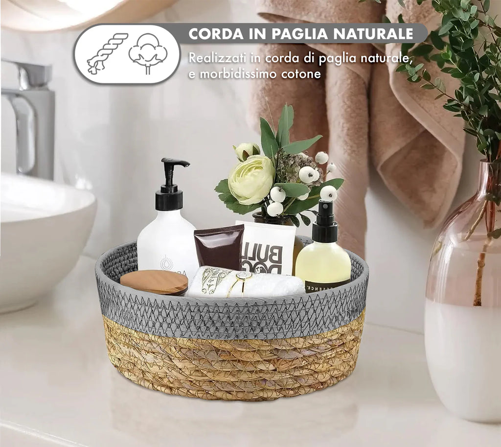 Set de 3 Paniers de Rangement en Fibre Naturelle et Coton Gris - Design Artisanal & Bohème