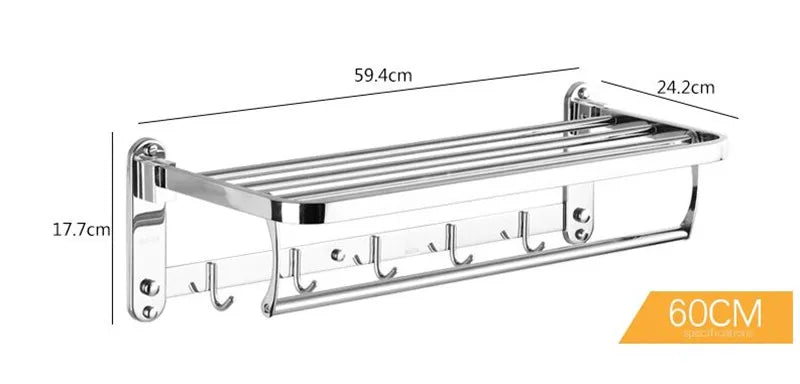 Double porte-serviettes pliant mural en acier inoxydable à double rail avec crochet 60cm