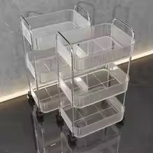 Desserte de Rangement de Luxe à 3 Niveaux - Chariot Organisateur Transparent et Chrome à Roulettes