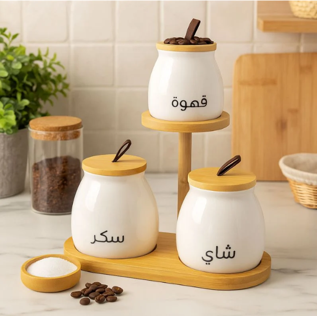 set 3 pots en porcelaine café sucre the avec support bois