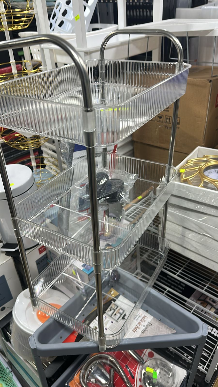 Desserte de Rangement de Luxe à 3 Niveaux - Chariot Organisateur Transparent et Chrome à Roulettes