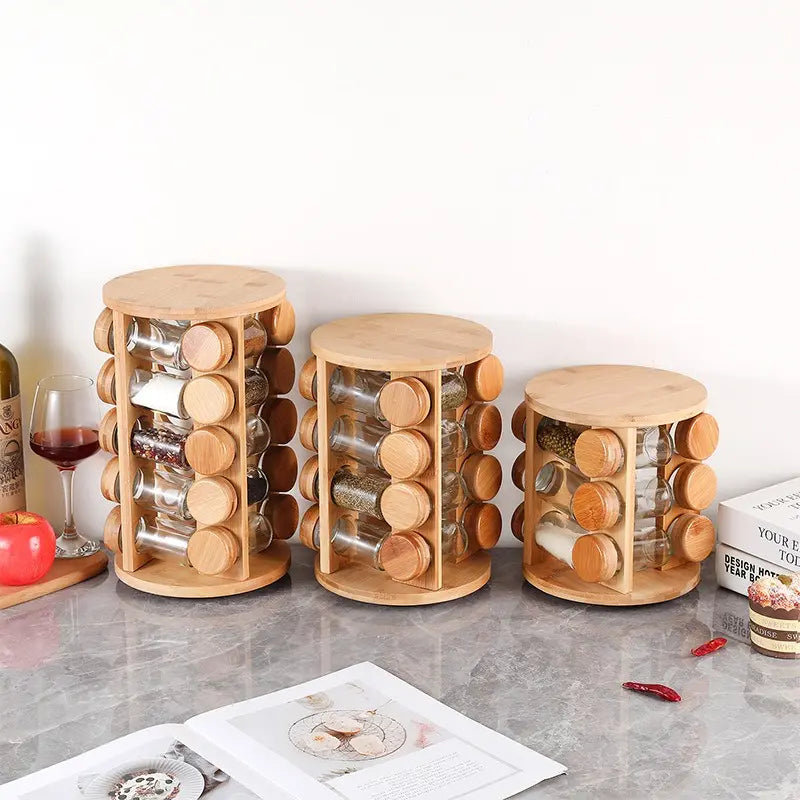 Support d'Assaisonnement Rotatif en Bois de Bambou