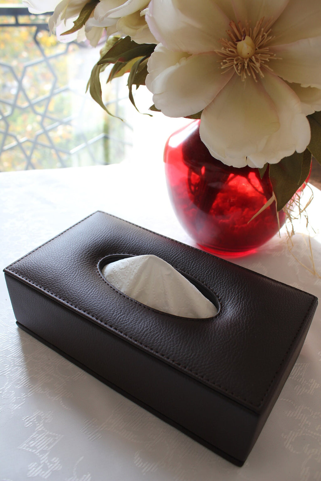 Distributeur de Mouchoirs Rectangulaire en Cuir Collé Noir - Élégance Intemporelle