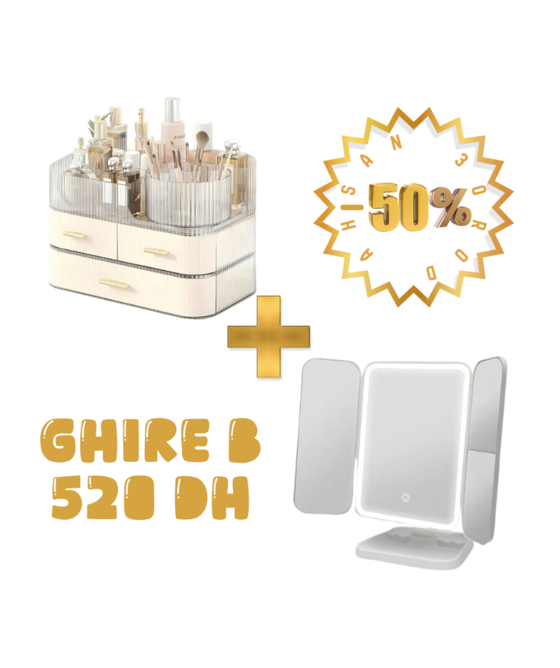 Pack Coiffeuse Glamour - Organisateur Maquillage Luxe + Miroir LED Pro (50% de Réduction)