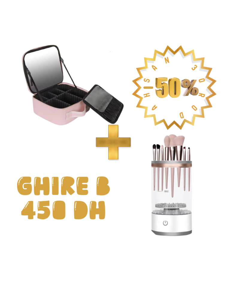 Pack Maquillage Mobile Pro - Trousse Organisateur Miroir + Lave-Pinceaux Électrique (50% de Réduction)