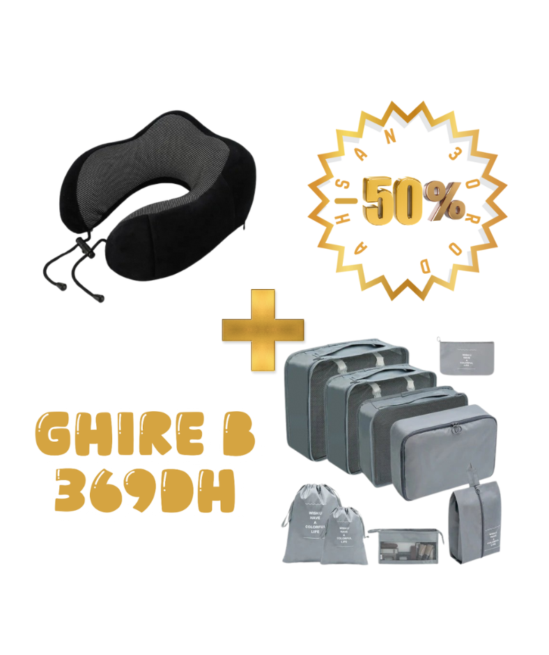 Pack Voyage Essentiel & Confort - Oreiller de Cou Ergonomique + 7 Cubes d'Emballage (50% de Réduction)