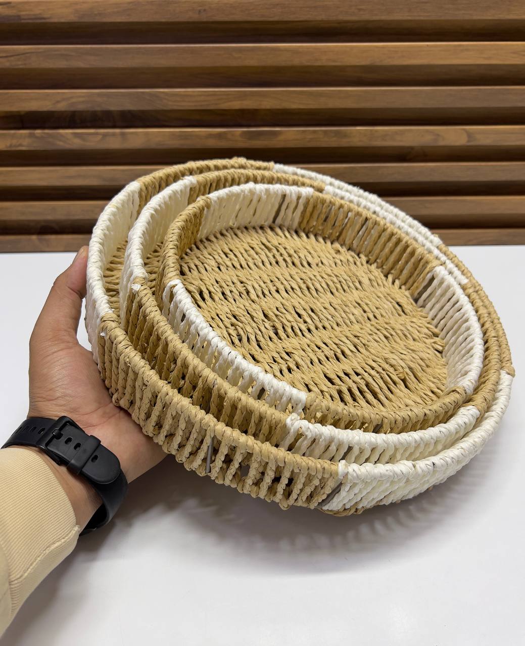 Set 3 Paniers Ronds Décoratifs en Rotin Naturel - Rangements Muraux ou Plateaux de Service