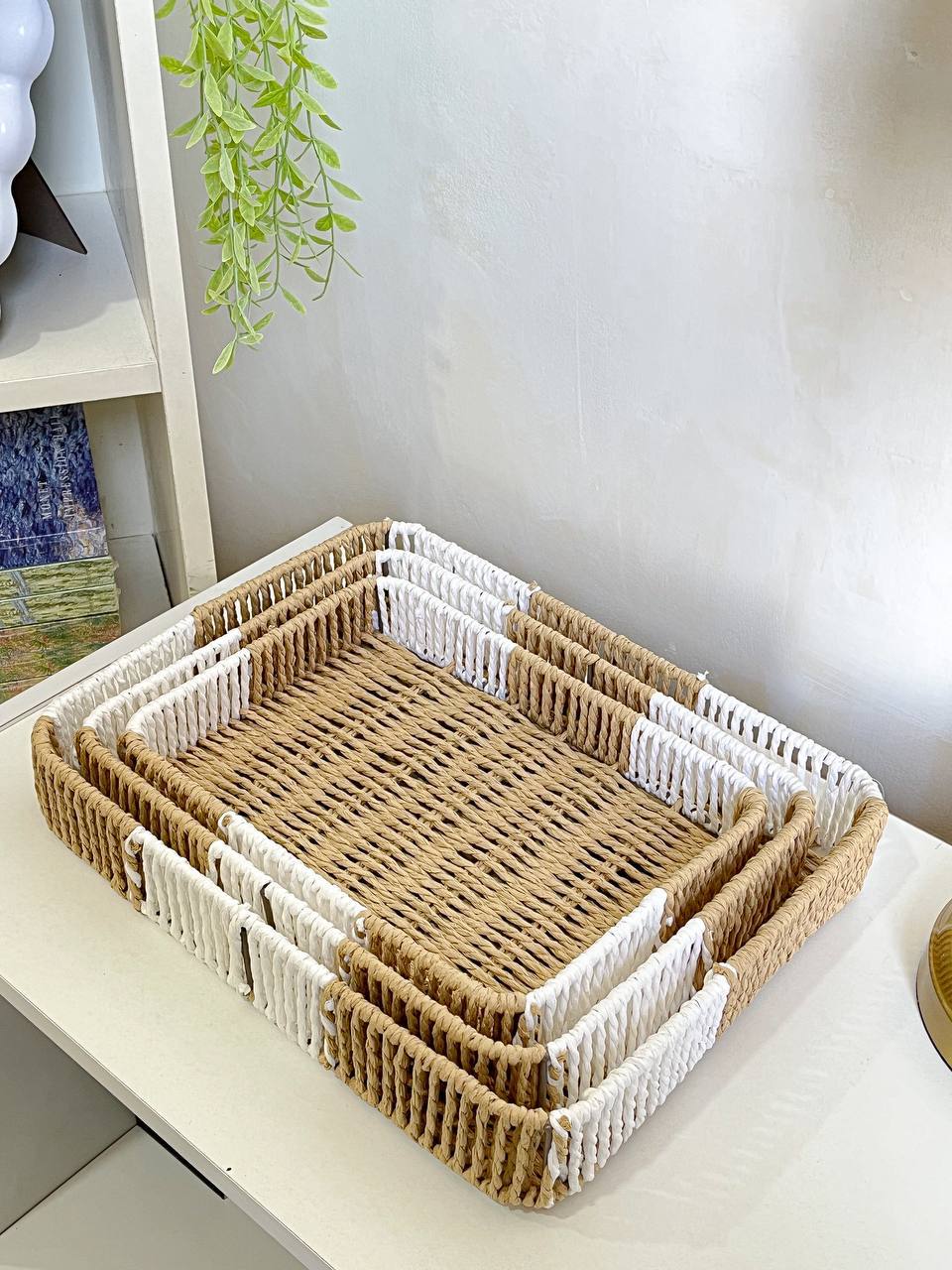 Set de 3 Plateaux de Rangement Rectangulaires en Jonc de Mer Tressé & Coton Bicolore (Naturel & Blanc)