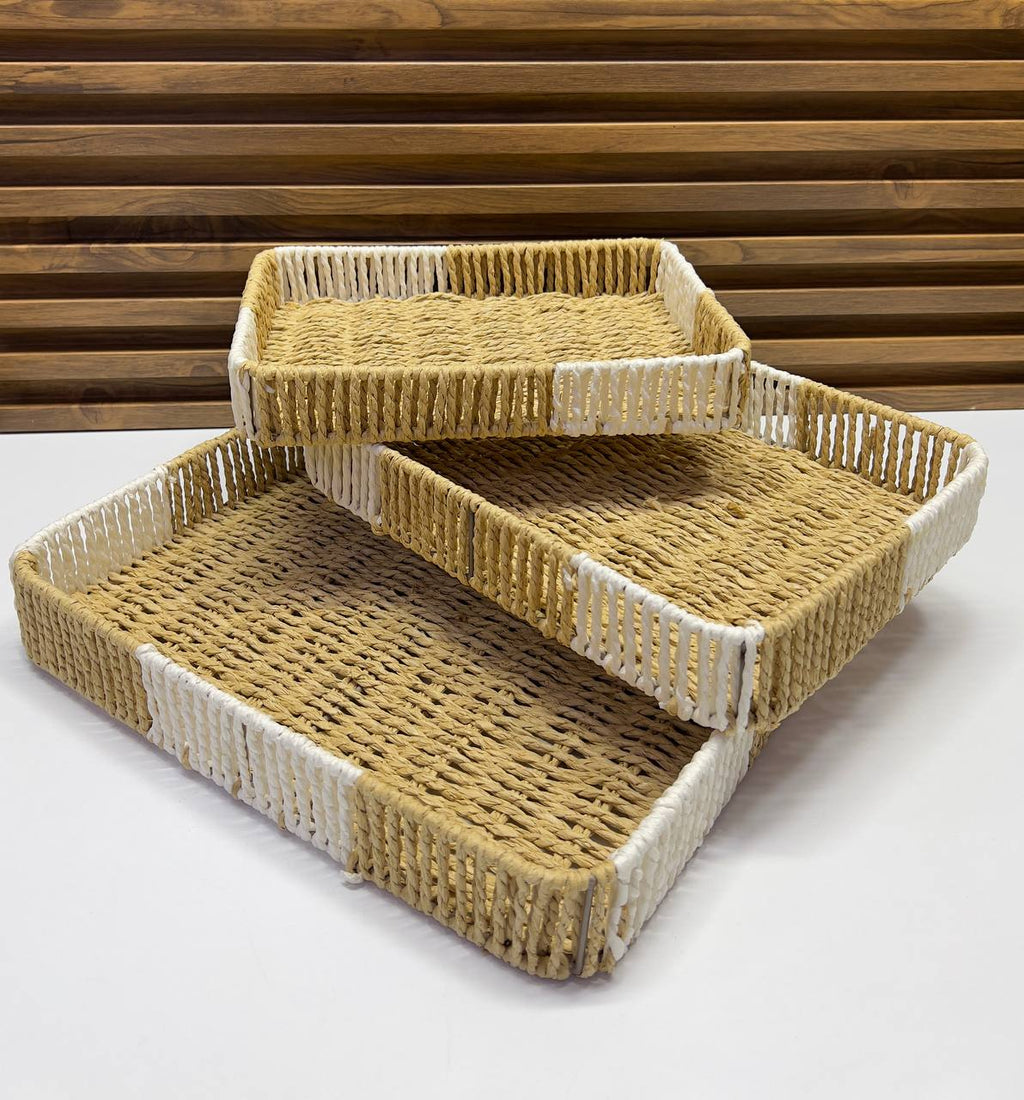 Set de 3 Plateaux de Rangement Rectangulaires en Jonc de Mer Tressé & Coton Bicolore (Naturel & Blanc)