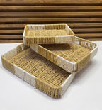 Set de 3 Plateaux de Rangement Rectangulaires en Jonc de Mer Tressé & Coton Bicolore (Naturel & Blanc)